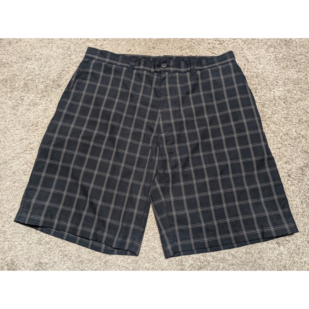 PGA Tour Golf Shorts Mens 34‎ Navy Blue Plaid Windowpane Performance Flat Front